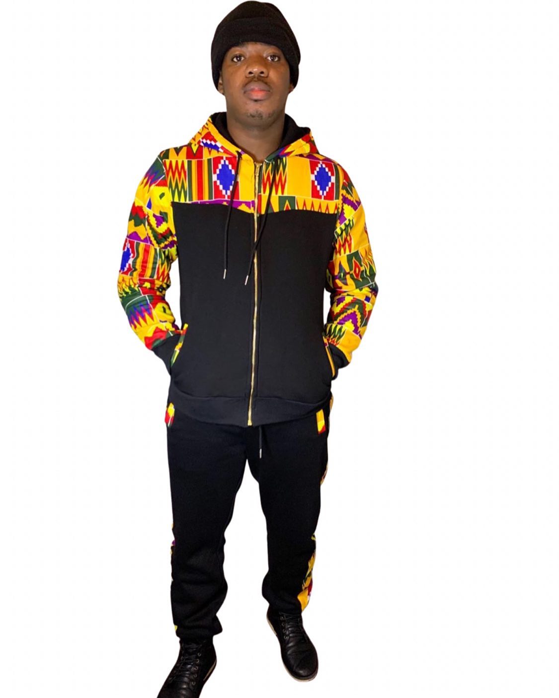 African Kente Print Tracksuit Set | Black Hoodie & Joggers|Side pocket - Image 5