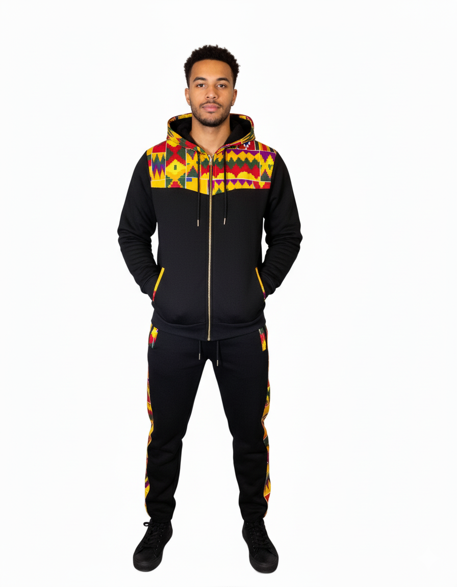 African Kente Print Tracksuit Set | Black Hoodie & Joggers|Side pocket - Image 3