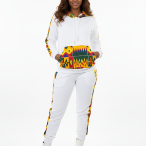 African Kente Print Tracksuit Set | White Hoodie & Joggers|Front Pocket