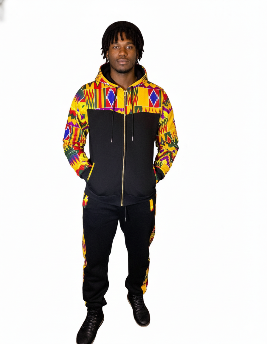 African Kente Print Tracksuit Set | Black Hoodie & Joggers|Side pocket - Image 2