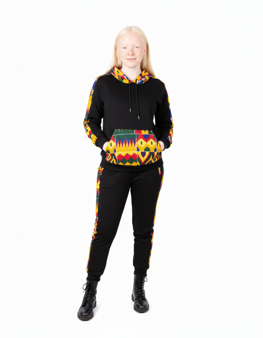 African Kente Print Tracksuit Set | Black Hoodie & Joggers|Front pocket