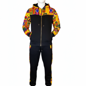 African Kente Print Tracksuit Set | Black Hoodie & Joggers|Side pocket