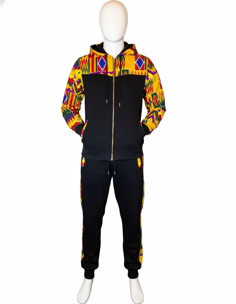 African Kente Print Tracksuit Set | Black Hoodie & Joggers|Side pocket