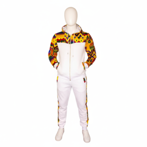 African Kente Print Tracksuit Set | White Hoodie & Joggers|Side Pocket