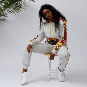 African Kente Print Tracksuit Set | Light grey Hoodie & Joggers|Front pocket