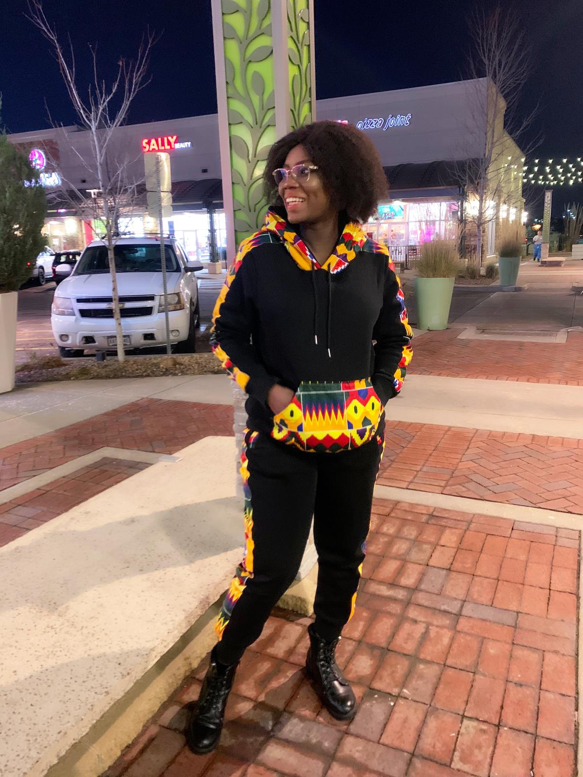 African Kente Print Tracksuit Set | Black Hoodie & Joggers|Front pocket - Image 3